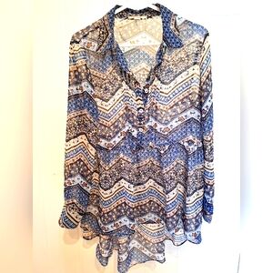 Simply Noelle Blue Black Blouse Size 8-10 Hi Lo Hem Very Good Condition